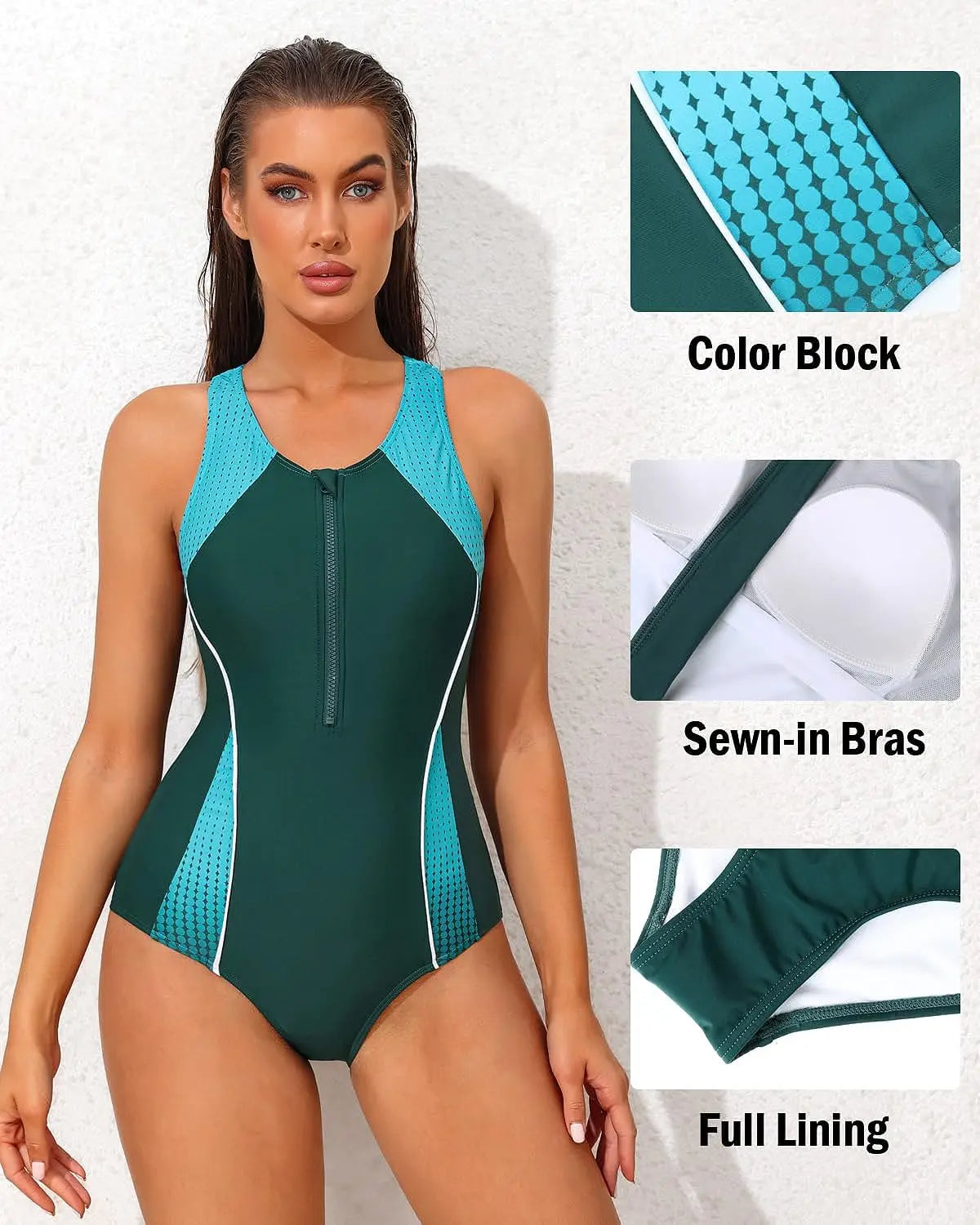 Front Zipper Color Block One Piece Sports Swimsuit