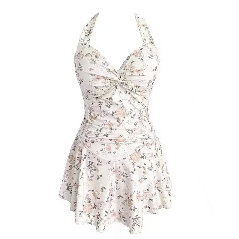 Traje de baño de una pieza con nudo arrugado y estampado floral coreano