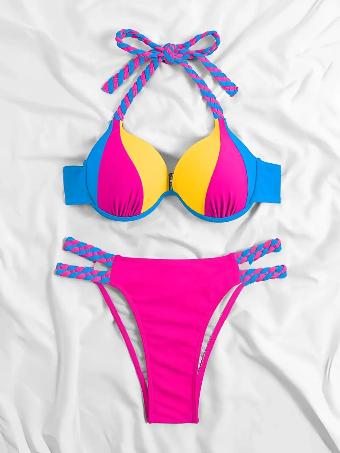 Bikini push up con cuello halter y bloques de color