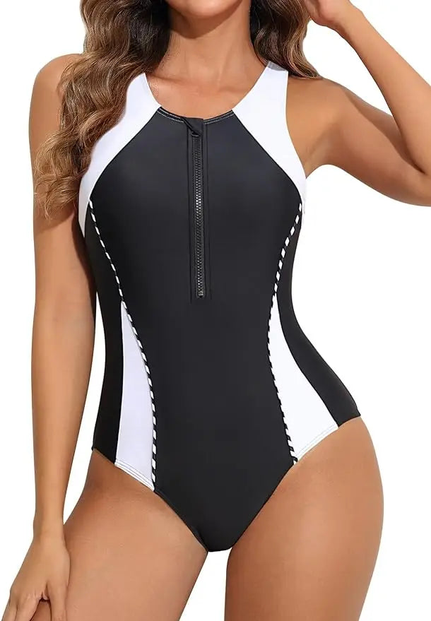 Front Zipper Color Block One Piece Sports Swimsuit