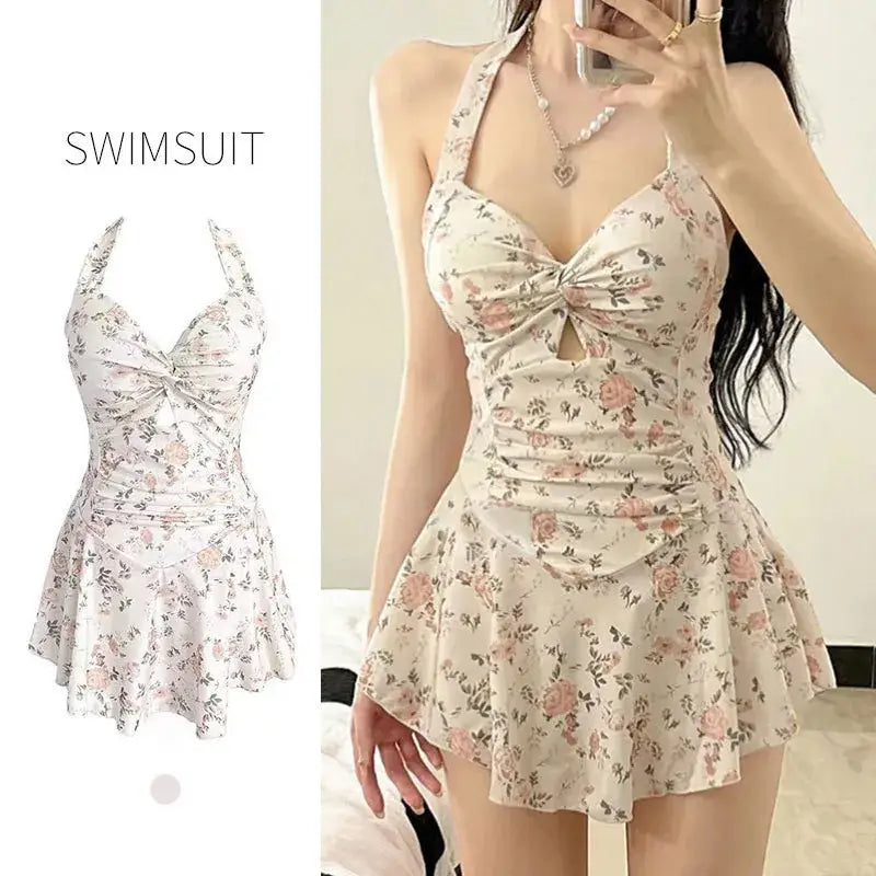 Korean Floral Print Wrinkled Knot One-Piece Swimsuit