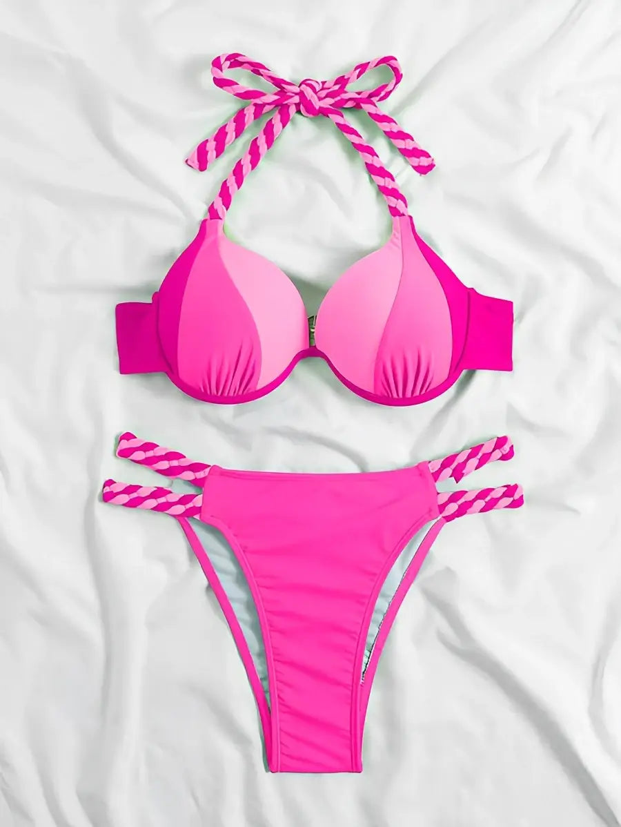 Bikini push up con cuello halter y bloques de color