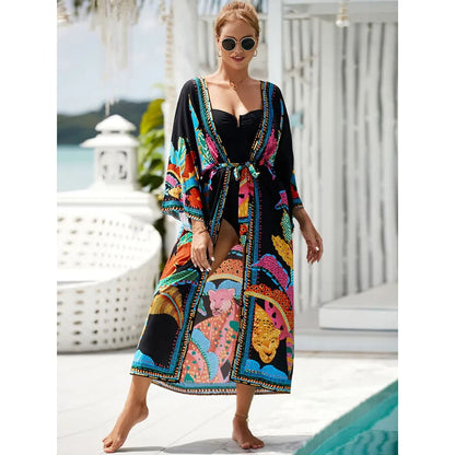 Bohemian Printed Belt Kimono: Beach Chic - On sale