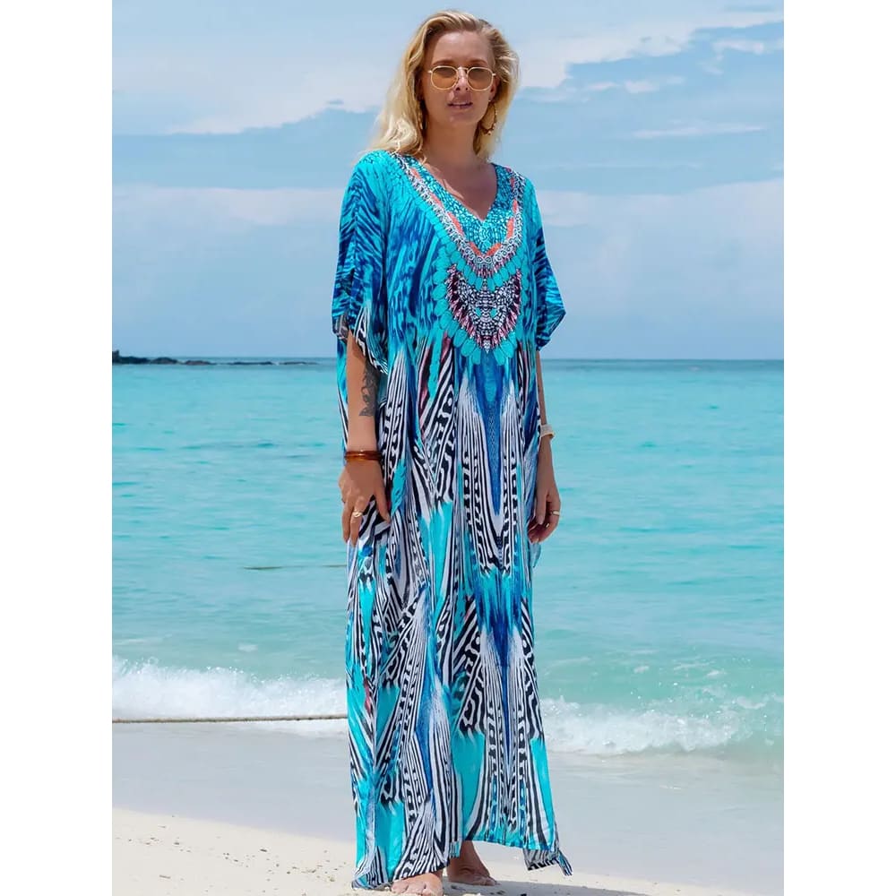 Bohemian Seaside Plus Size Print Kaftan Maxi Dress - On sale