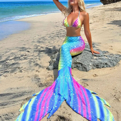 Dreamy Mermaid Tail Triangle Three Piece Swimsuit - Rainbow / S On sale