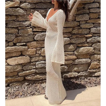 Hollow-Out Deep V-Neck Long Sleeve Beach Cover-Up - On sale