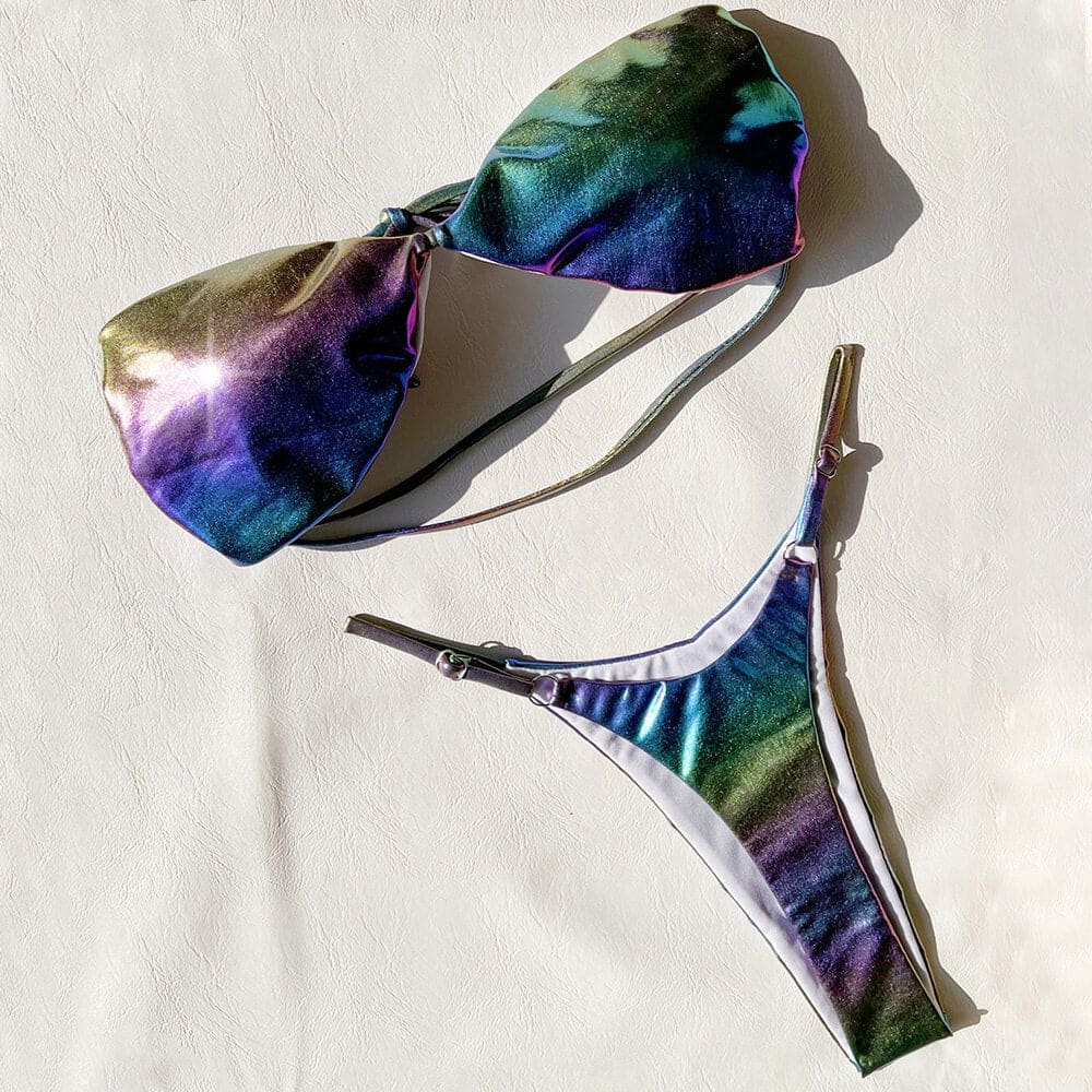 Ombre Metallic Cheeky Thong Bandeau Bikini Set - On sale