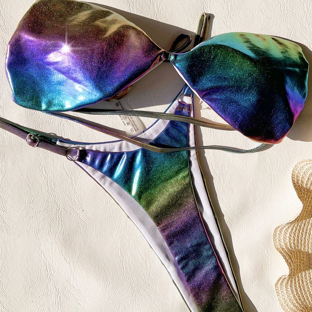 Ombre Metallic Cheeky Thong Bandeau Bikini Set - On sale