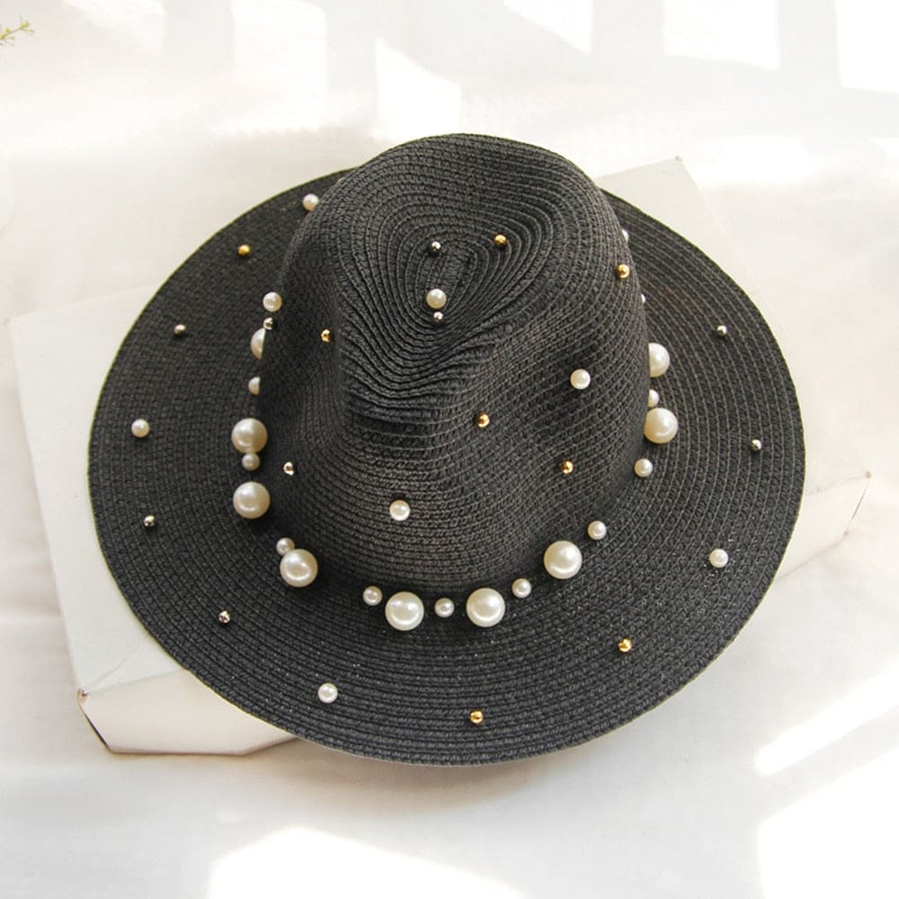 Pearl Beaded Straw Sun Hat - Black / 56-58cm On sale