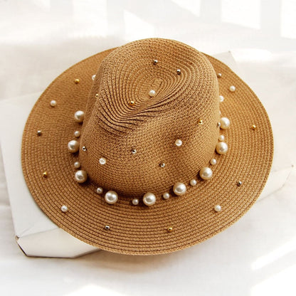 Pearl Beaded Straw Sun Hat - Brown / 56-58cm On sale