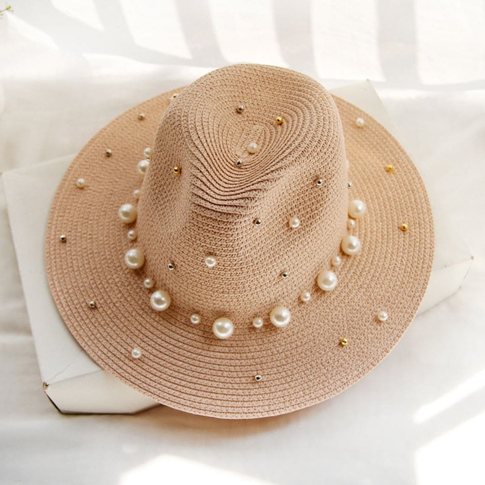 Pearl Beaded Straw Sun Hat - Coral / 56-58cm On sale