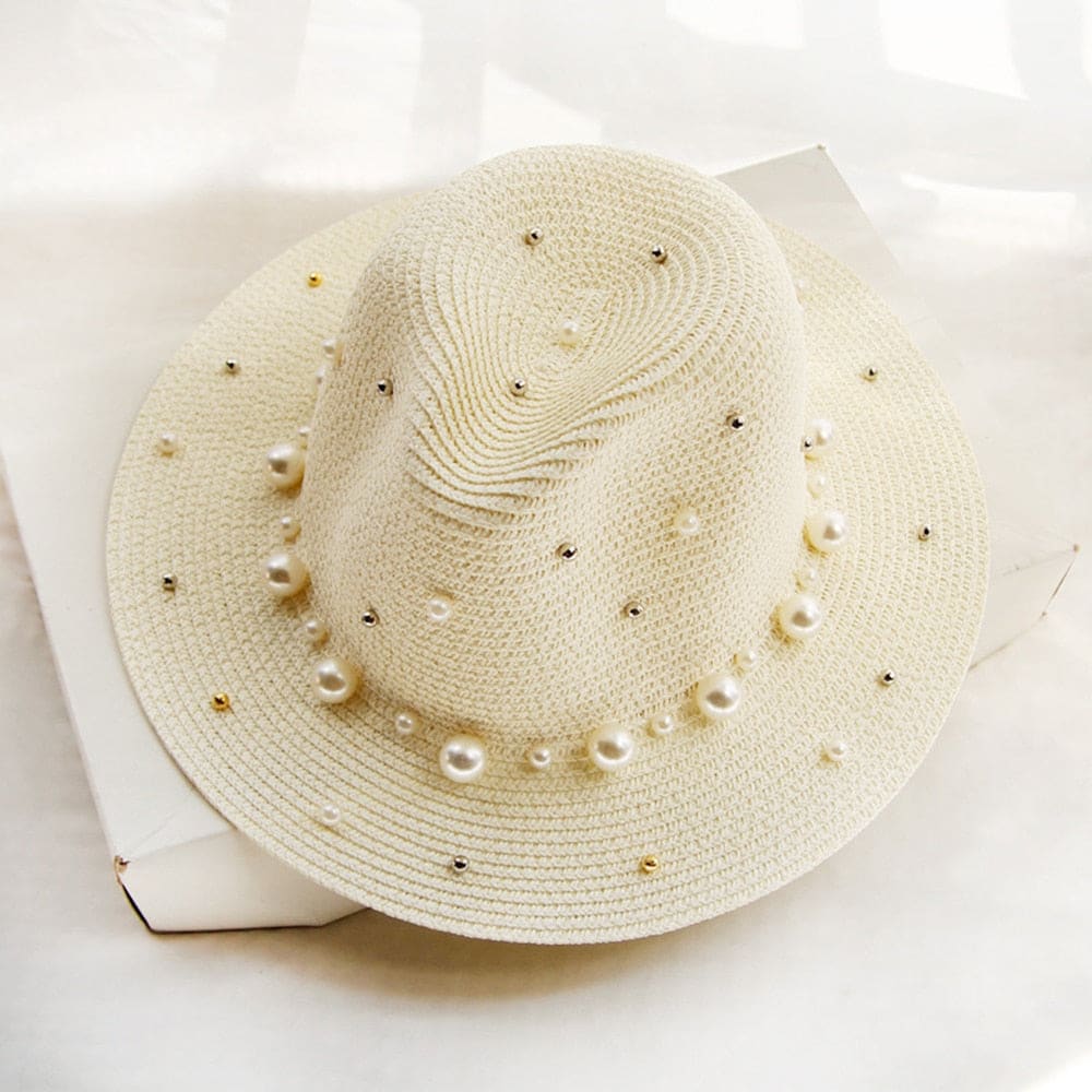 Pearl Beaded Straw Sun Hat - Cream / 56-58cm On sale