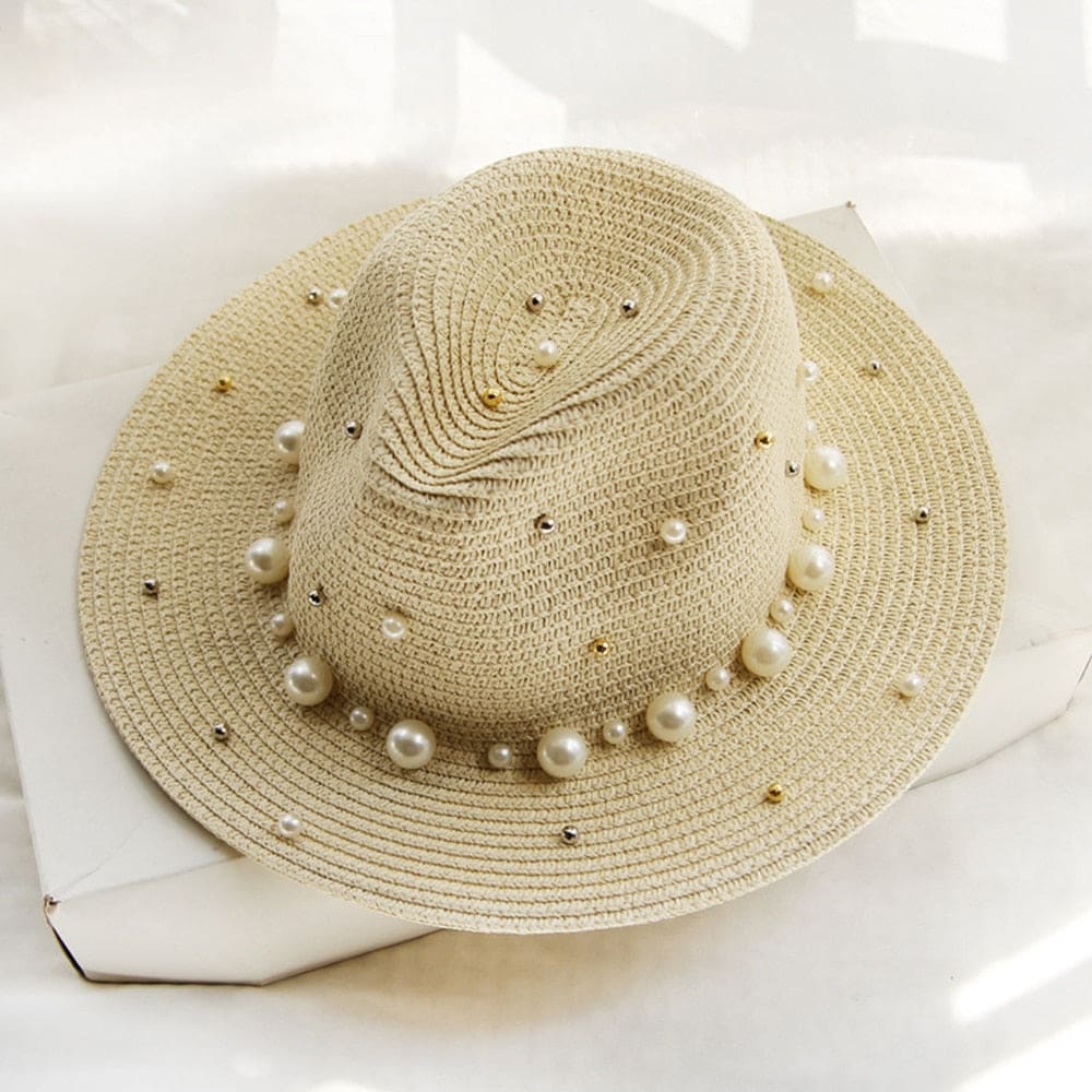 Pearl Beaded Straw Sun Hat - White / 56-58cm On sale