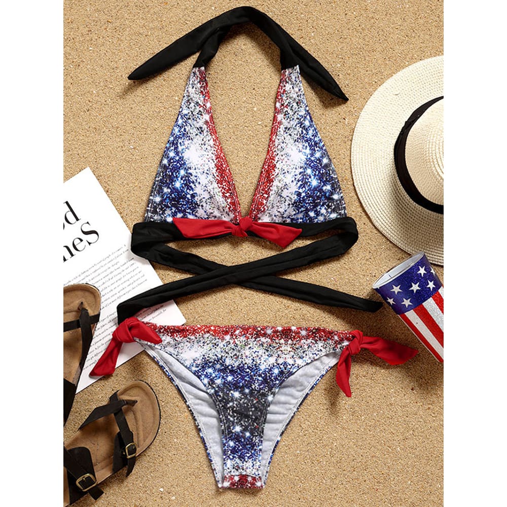 Sparkling American Flag Plus Size Halter Bikini - On sale