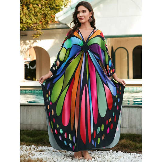 Vintage Butterfly Print Plus Size Kaftan Dress: Beach Magic - On sale