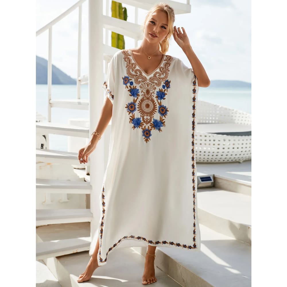 White Vintage Embroidered Long Kaftan: Beach Elegance - On sale