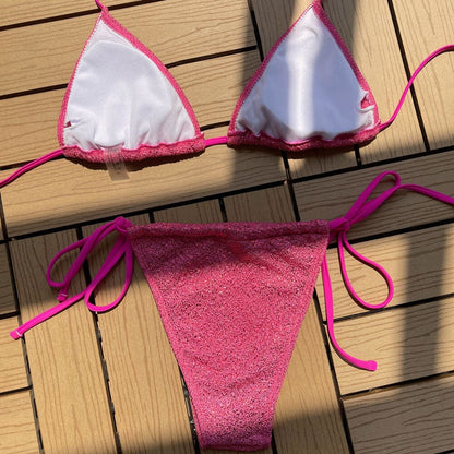 Shimmery Tie String Triangle Strappy Brazilian Bikini - On sale